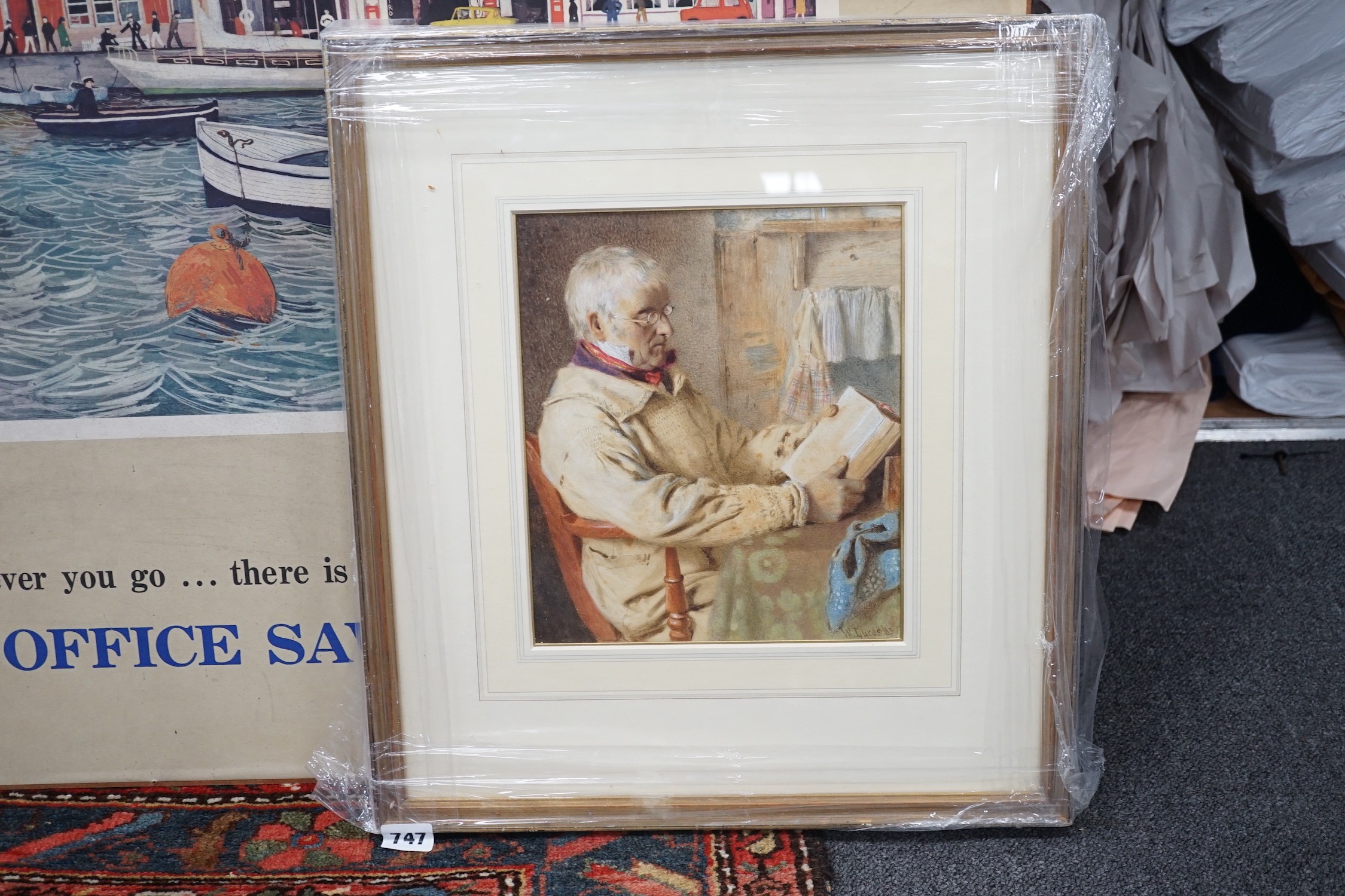 William Lucas (1840-1895), watercolour, Interior with old man reading a book, signed and dated '63, 25 x 21.5cm